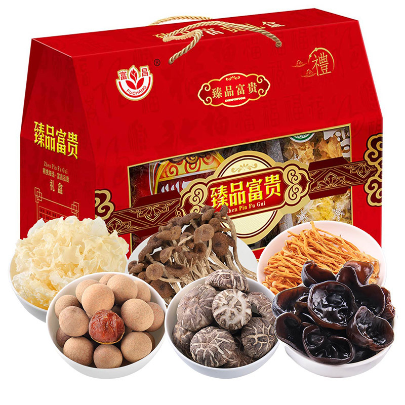 【年货礼盒】富昌臻品富贵礼盒1343g（花菇雪银耳黑木耳茶树菇桂圆蛹虫草） 菌菇干货 食用菌菇 山珍干货 团购 送礼