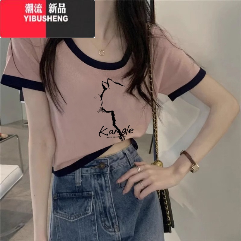 YIBUSHENGt恤女短袖季2024新款显瘦拼色短款上衣修身时尚小众体恤潮高清大图