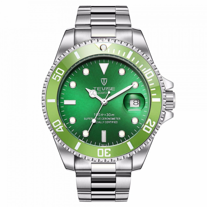 瑞士tevise特威斯名牌手表绿水鬼时尚watch男士手表防水钢带日历石英