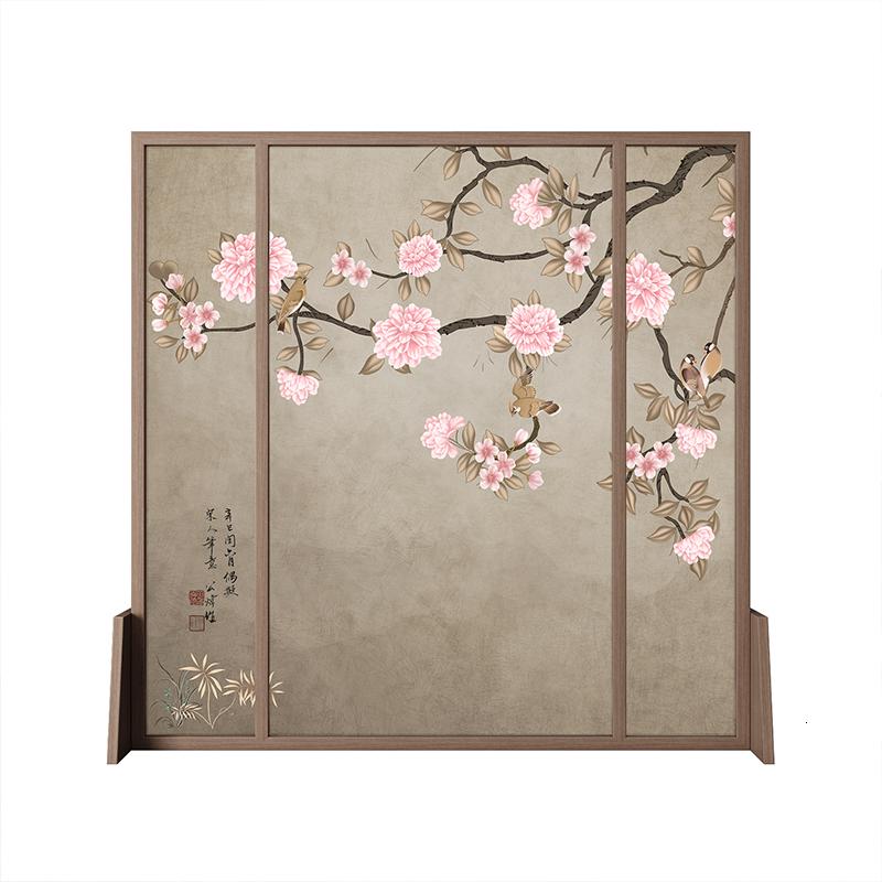 BONJEAN新中式屏风隔断客厅简约布艺玄关木质半透明时尚座屏茶室移动花鸟高清大图