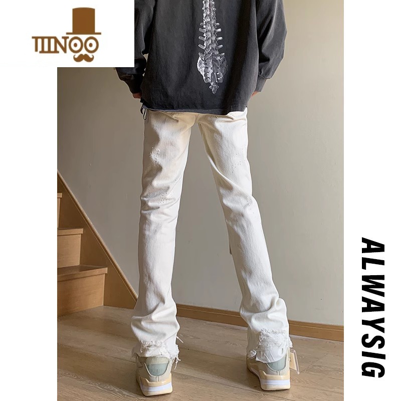 YANXU黑色弹力微喇牛仔裤男复古夏季美式高街潮牌vibe裤子痞帅直筒长裤高清大图