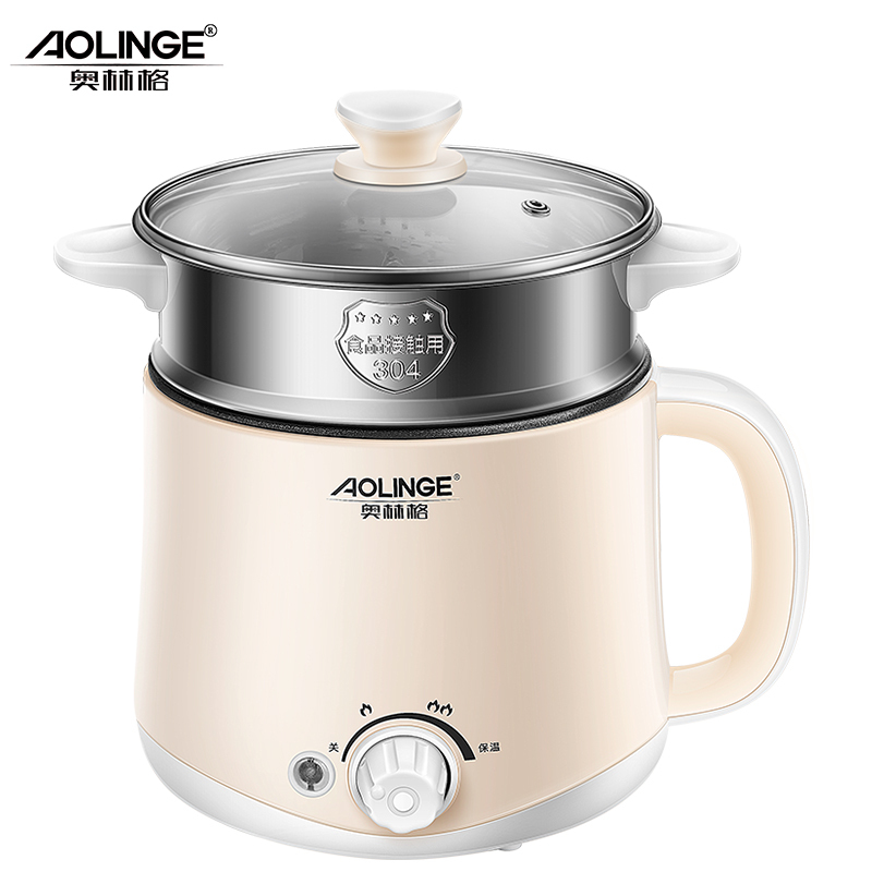 奥林格(AOLINGE) ALG-Q19 保温电煮锅学生锅宿舍家用小煮面1-2人迷你小功率不粘涂层内胆电火锅卡其色带蒸笼