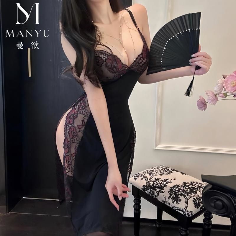 曼欲新款情趣内衣超骚蕾丝吊带式性感长裙睡制服套装极度诱惑9442高清大图