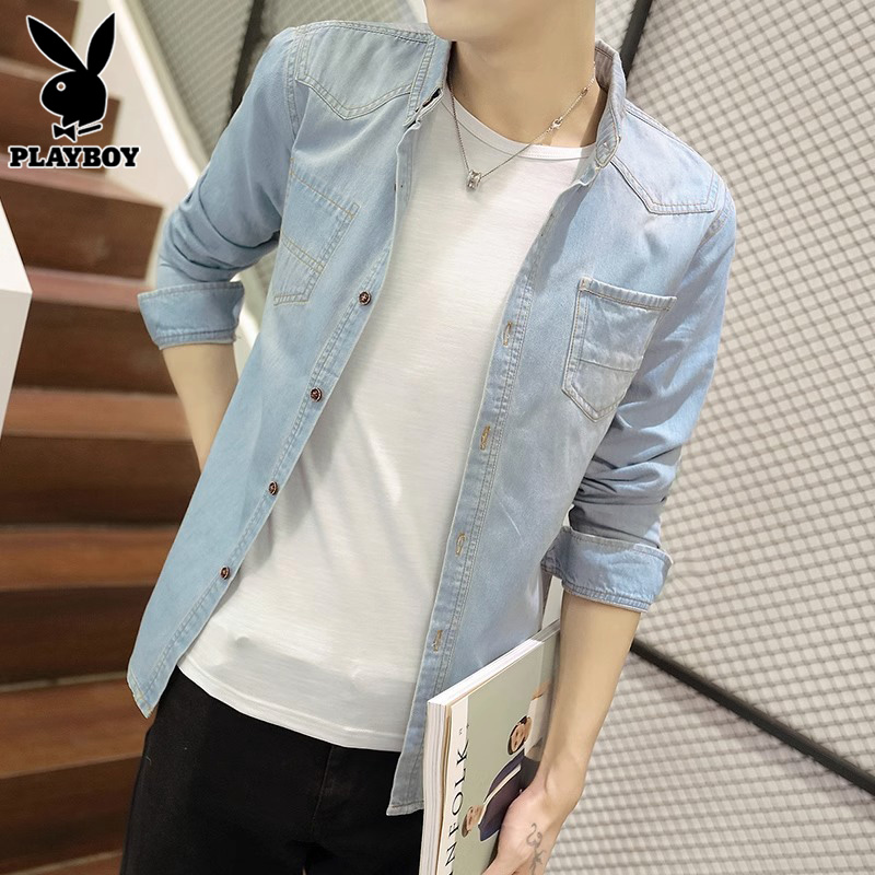 花花公子牛仔衬衫男士休闲含棉外套夏季新款韩版潮流长袖衬衣男棉高清大图