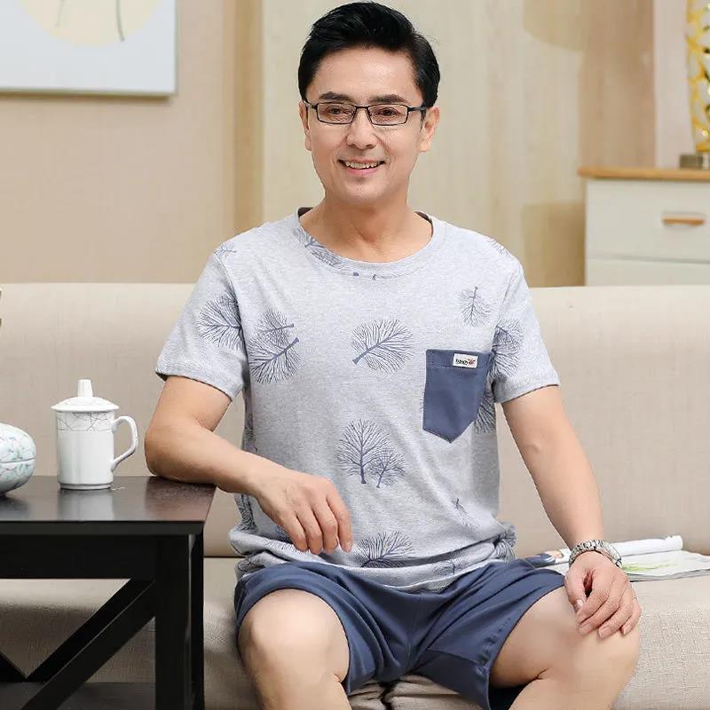 夏季爸爸棉质睡衣男士短袖短裤加大码套装中老年人男式薄款家居服莎丞