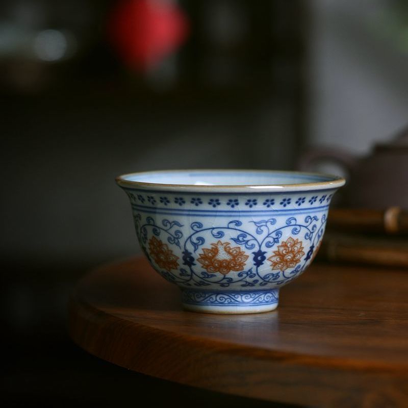 景德镇青花陶瓷家用高档茶杯压手杯耐高温闻香杯品茗杯古风主人杯青莲