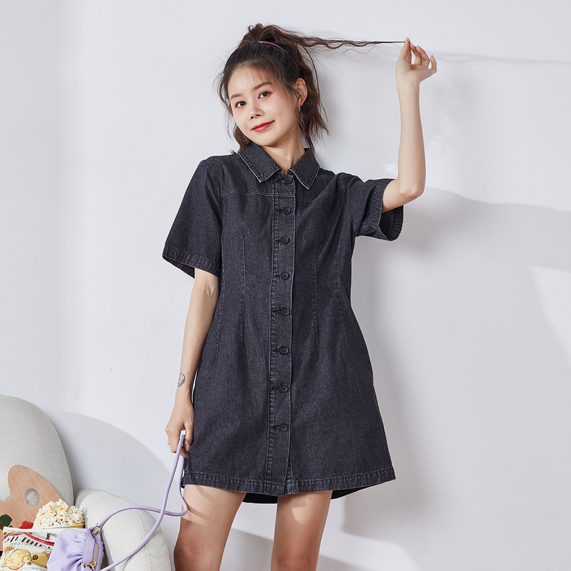 5折价1299元唐狮夏新款连衣裙韩版收腰显瘦高腰直筒裙子牛仔裙中长款