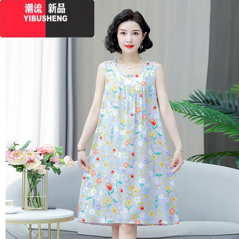 YIBUSHENG装新款无袖睡裙中年妈妈装季睡衣过膝裙子女透气棉绸舒适裙气 XL建议115斤以内 6号色黄白小花