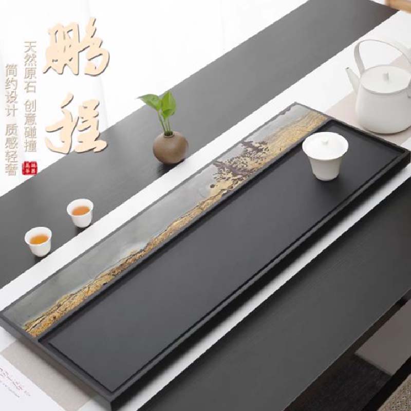 天然乌金石茶盘可排水天然国画石-鵬程50*30*3cm高清大图