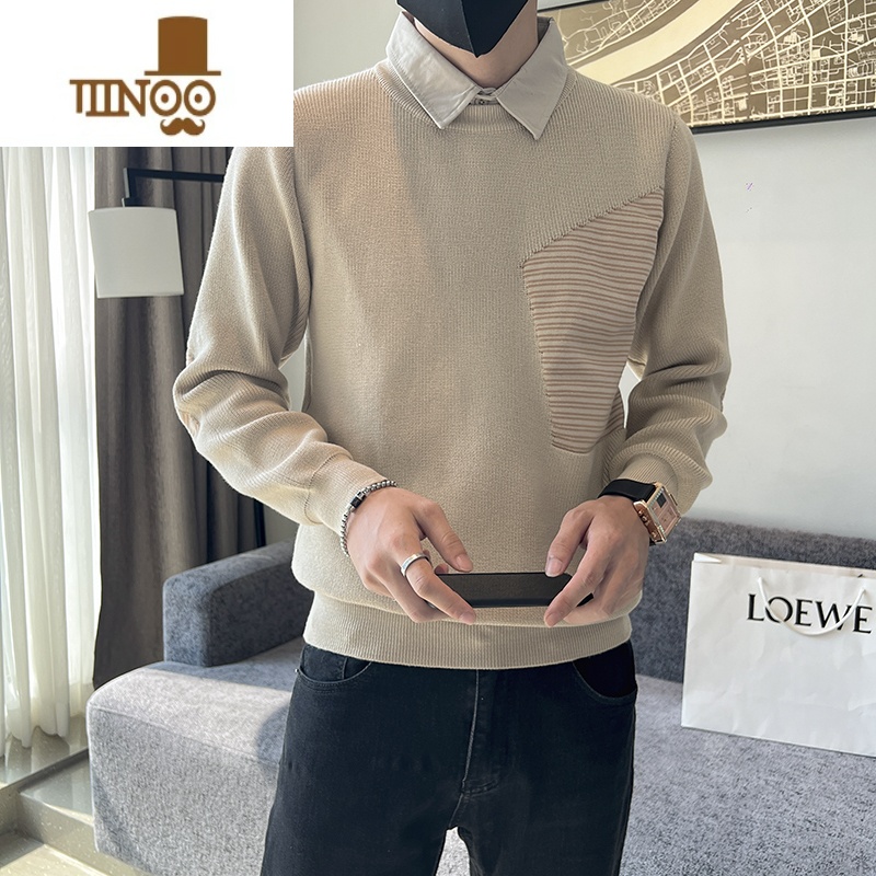 YANXU慵懒风假毛衣男士衬衫领网红设计感小众潮牌外穿针织衫高清大图