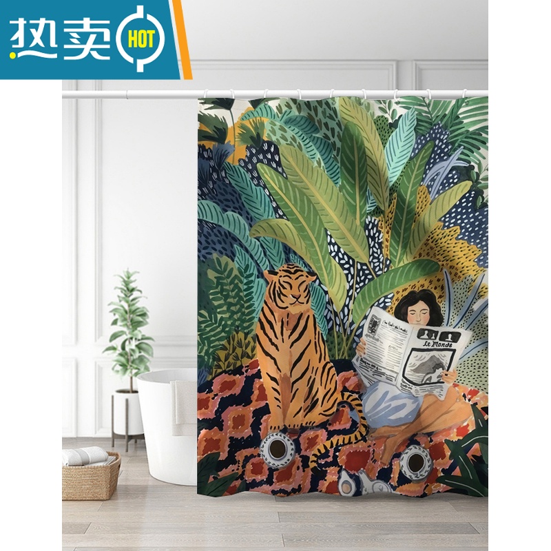 敬平ins加厚浴室浴帘防水卫生间窗帘隔断帘子免打孔北欧挂帘布帘 老虎女孩 套装宽200高180加厚+白杆140-260CM