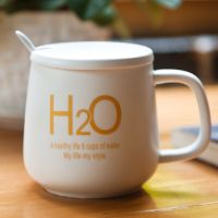 瓷魂 创意陶瓷杯子情侣水杯咖啡杯带盖带勺马克杯牛奶杯 H2O白色