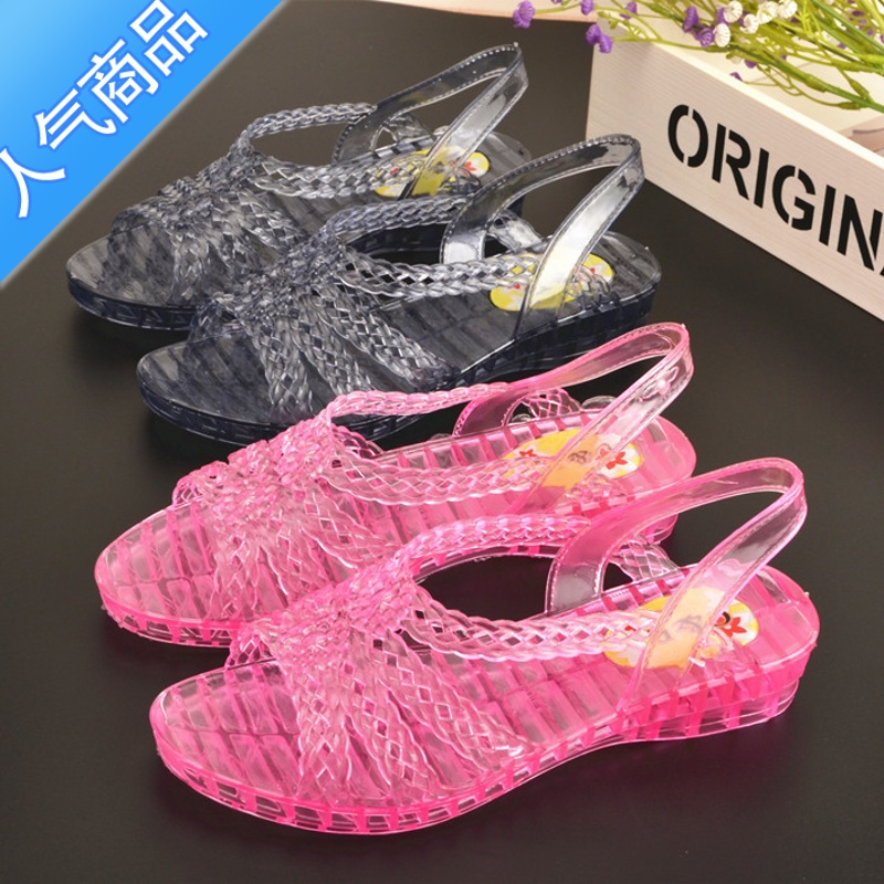 suntek夏季塑料女凉鞋露趾水晶鞋透明果冻鞋防滑妈妈跳舞鞋女沙滩凉鞋