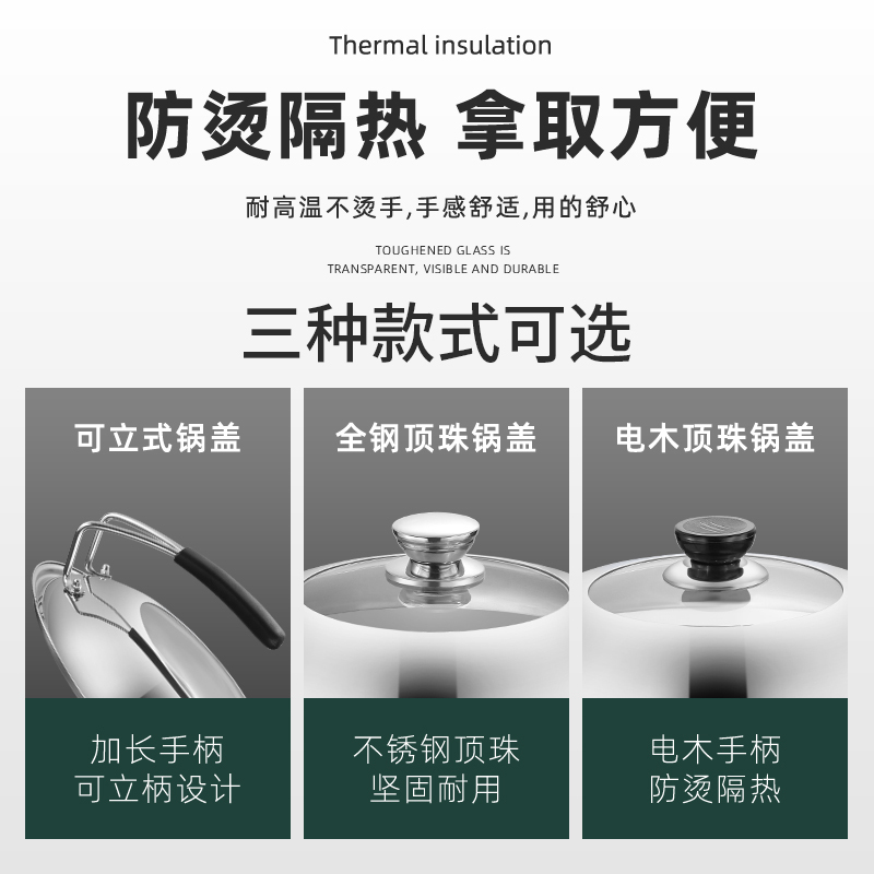 不锈钢锅盖玻璃钢化透明家用炒菜锅盖子圆形30cm32cm 37cm(不锈钢把手)4MM加厚款