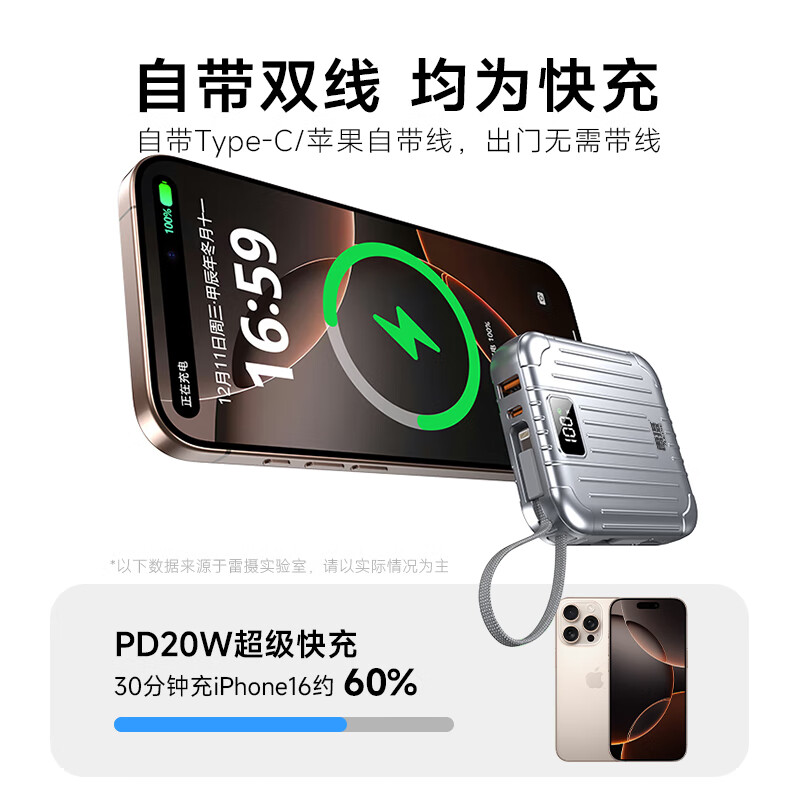雷摄(LEISE)KC39[3C认证]充电宝10000毫安 22.5W快充带双线 适用苹果17华为小米荣耀 银色高清大图