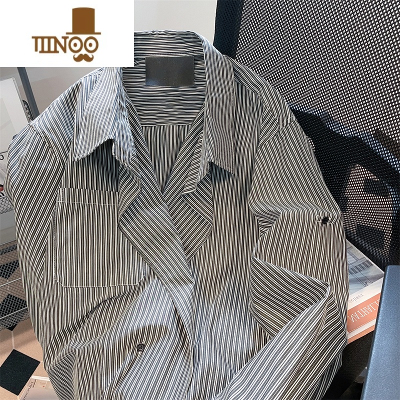 YANXU美式复古感痞帅条纹衬衫外套男女港风宽松休闲长袖上衣潮高清大图