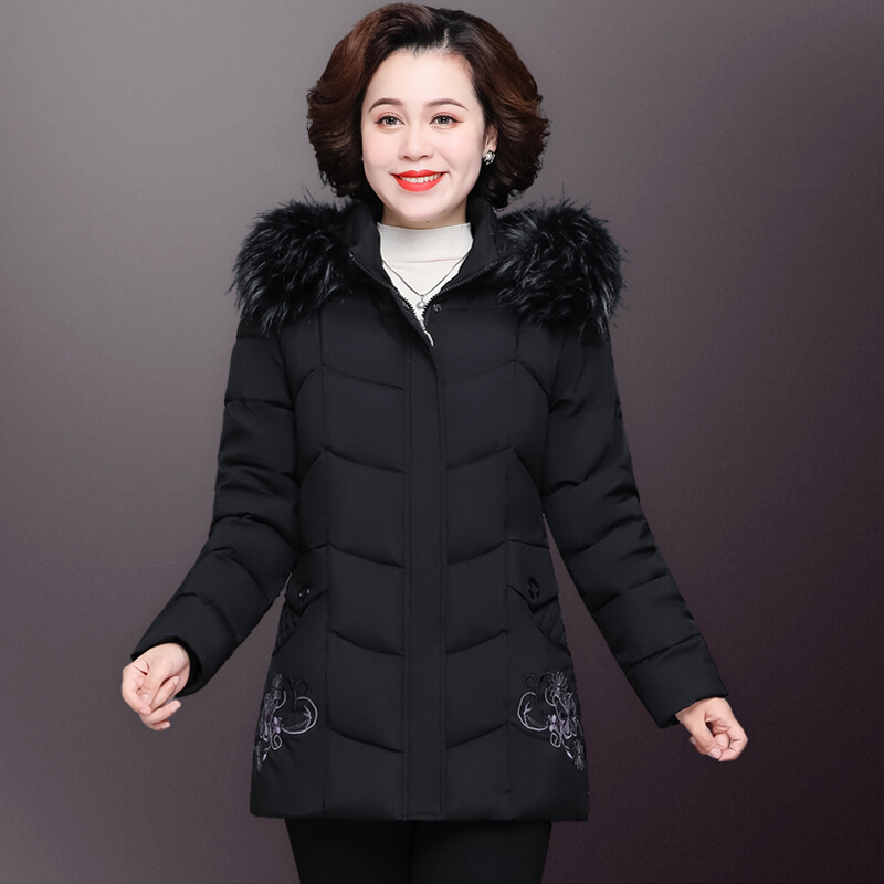 迪鲁奥(DILUAO)中老年棉衣女中长款连帽外套服冬季妈妈装宽松大码加厚棉袄品牌女装 B款黑色 5XL(适合150-165斤品质保证，送运费险)