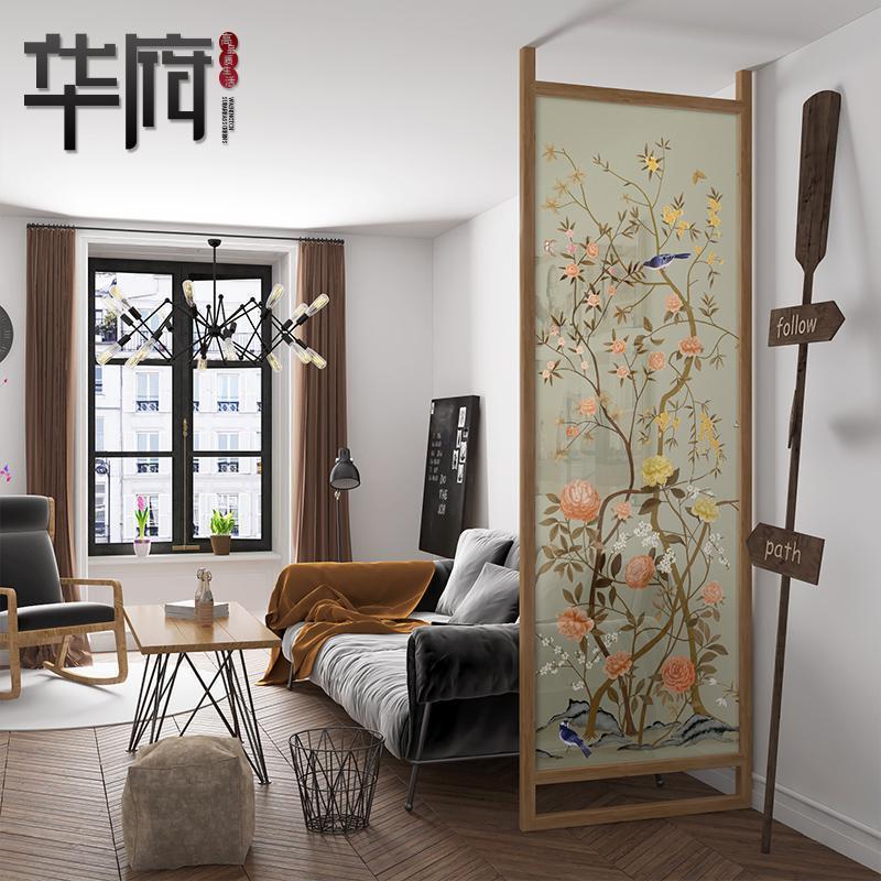 森美人美式屏风隔断客厅布艺玄关卧室简约现代顶天立地花鸟座屏小户型 北美胡桃木：120*180cm组装