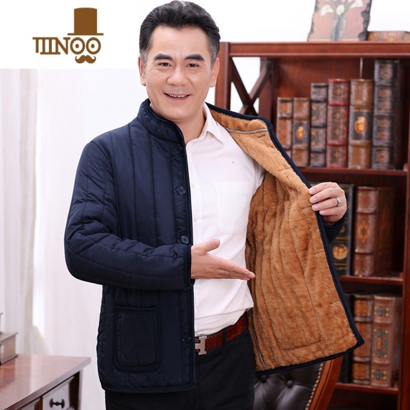 YANXU男冬装加绒加厚中老年棉衣男士外套冬季中年人棉袄爸爸棉服款 全身加绒藏青色竖条款轻便保暖 收藏宝贝赠送运费险