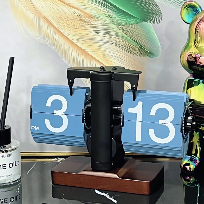 欧式自动翻页钟复古简约家居客厅座钟小天平机械自动翻页时钟【3】 方形凸底座蓝叶