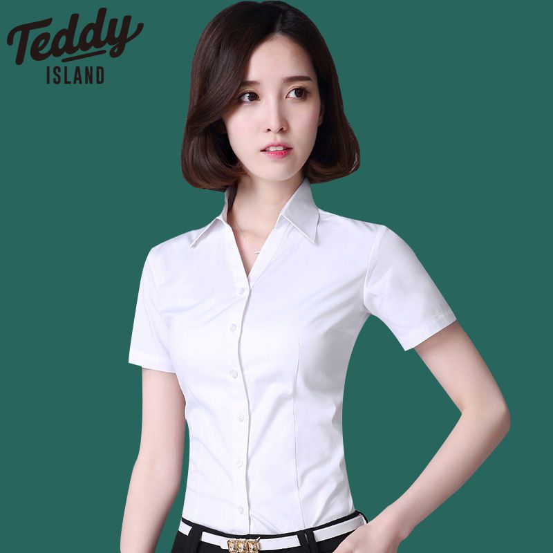 teddyisland衬衫女夏季短袖高档职业装气质v领工作服大码白衬衣