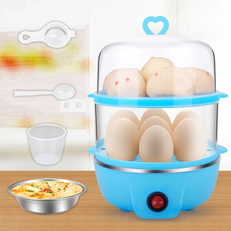 时光旧巷双层蒸蛋器家用小型煮蛋器自动断电1人迷你蓝平盖双钢碗分离