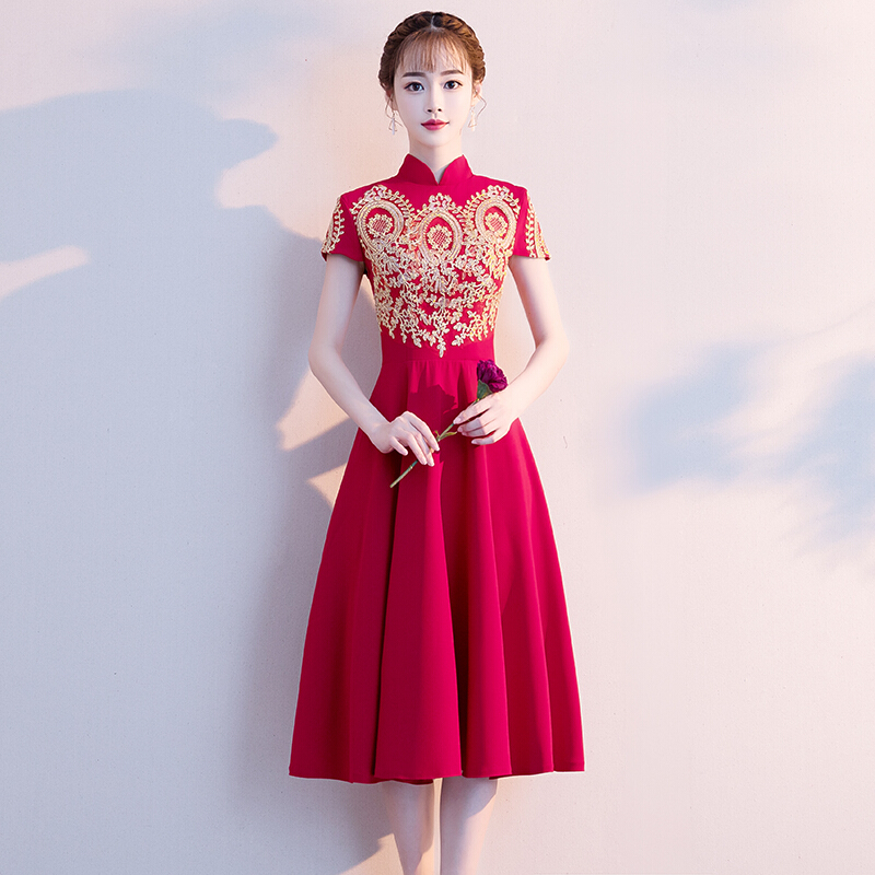 中式敬酒服新娘旗袍2018新款夏季中长款红色结婚礼服回服显瘦女