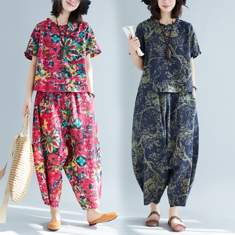 民族风复古印花棉麻两件套装夏季胖mm大码女装哈伦裤套装女