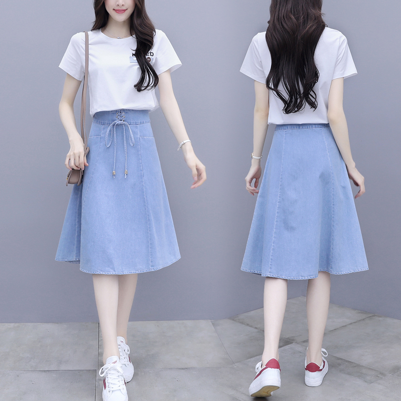 晗亦然牛仔裙套装夏季新款女小个子显高洋气时尚半身裙小清新两件套