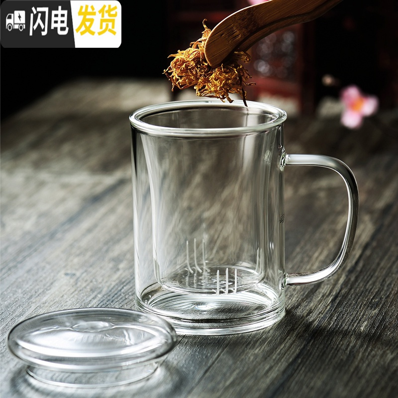 三维工匠玻璃茶杯带盖办公室泡茶杯水杯耐热喝水杯子男女士带过滤