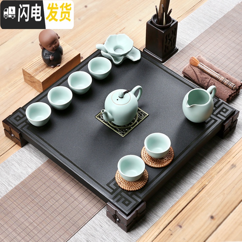三维工匠整套紫砂功夫茶具套装家用黑檀实木茶盘乌金石茶台茶壶茶杯 乌金石瑞福+哥窑石瓢套装 25件高清大图