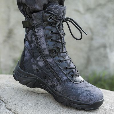 黑色蟒纹靴37码户外秋冬蟒纹迷彩军靴男作战靴高帮战术靴防滑耐磨透气