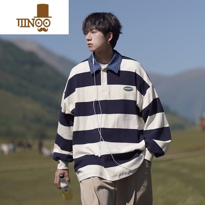 YANXU日系港风条纹翻领卫衣男女宽松拼色polo衫长袖男学院风上衣高清大图