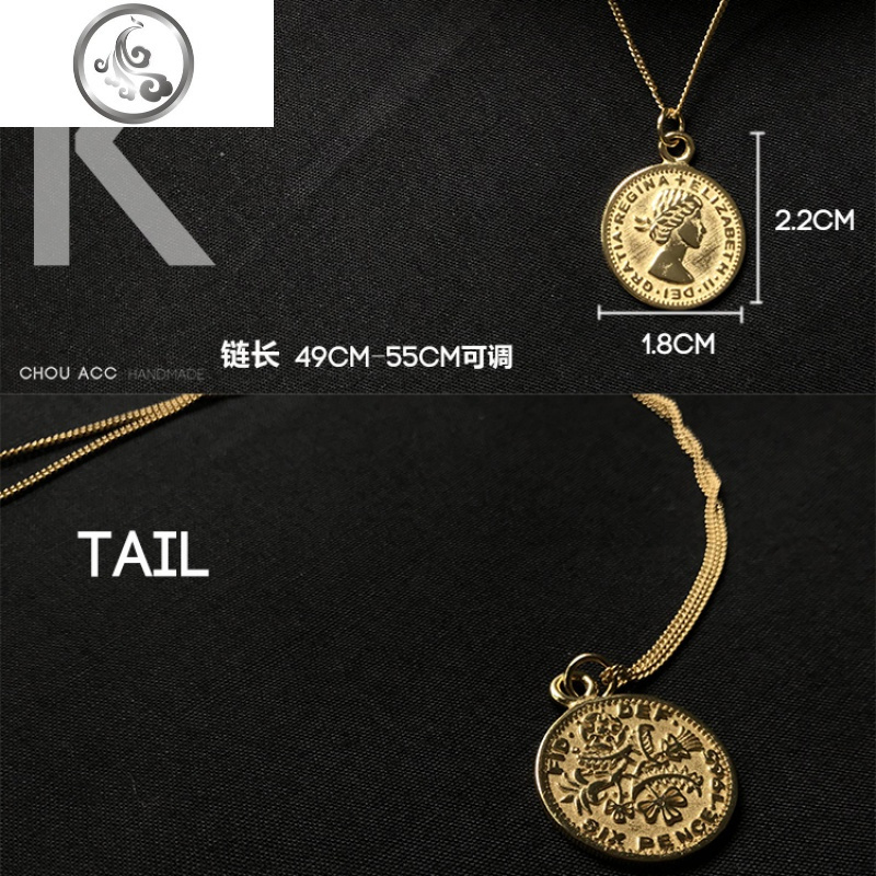 通体S925纯银INS简约复古浮人像金币硬币CHIC锁骨项链毛衣链女 JiMi K-长款-六便士