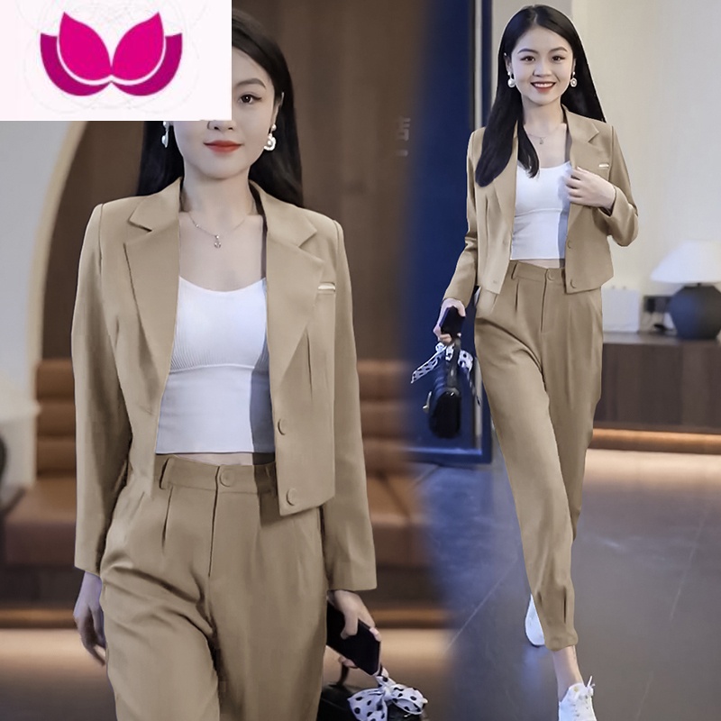 七斓欧货短款休闲西装服套装女2023新款时尚减龄洋气哈伦裤套 XXXL140-160斤 卡其色