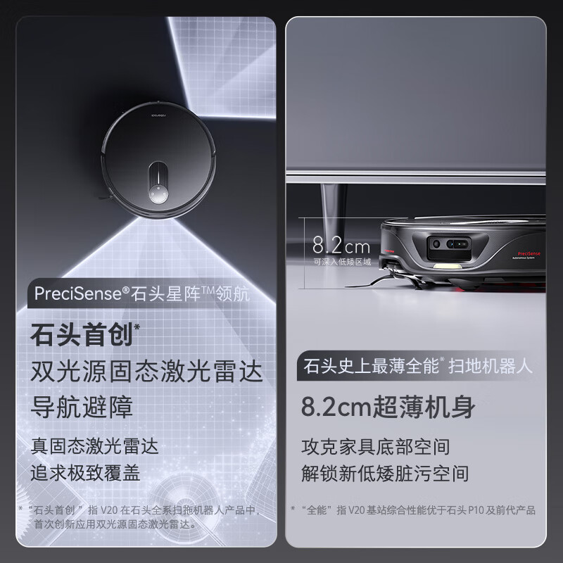 石头(roborock)黑武士超薄自动扫地机器人扫拖洗一体拖布自清洁自集尘自动机器人 V20水箱版高清大图