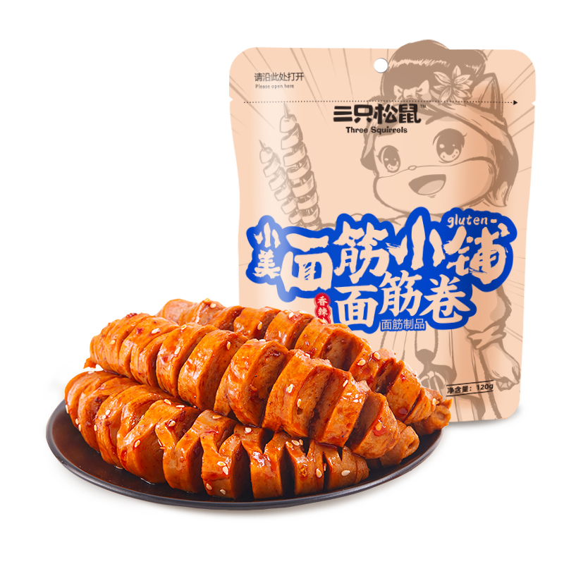 满300减210[三只松鼠-面筋卷/香辣味/120g]休闲零食豆干办公室小吃辣条高清大图
