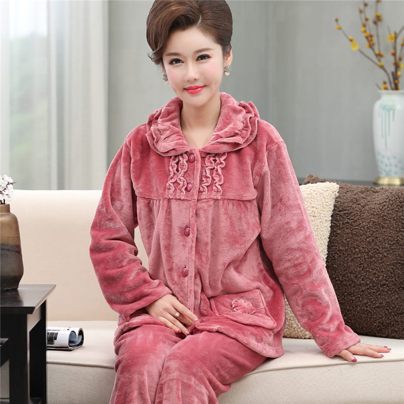 hlcoman珊瑚绒睡衣妇女士秋冬季中年妈妈中老年人婆婆奶奶4050岁家居