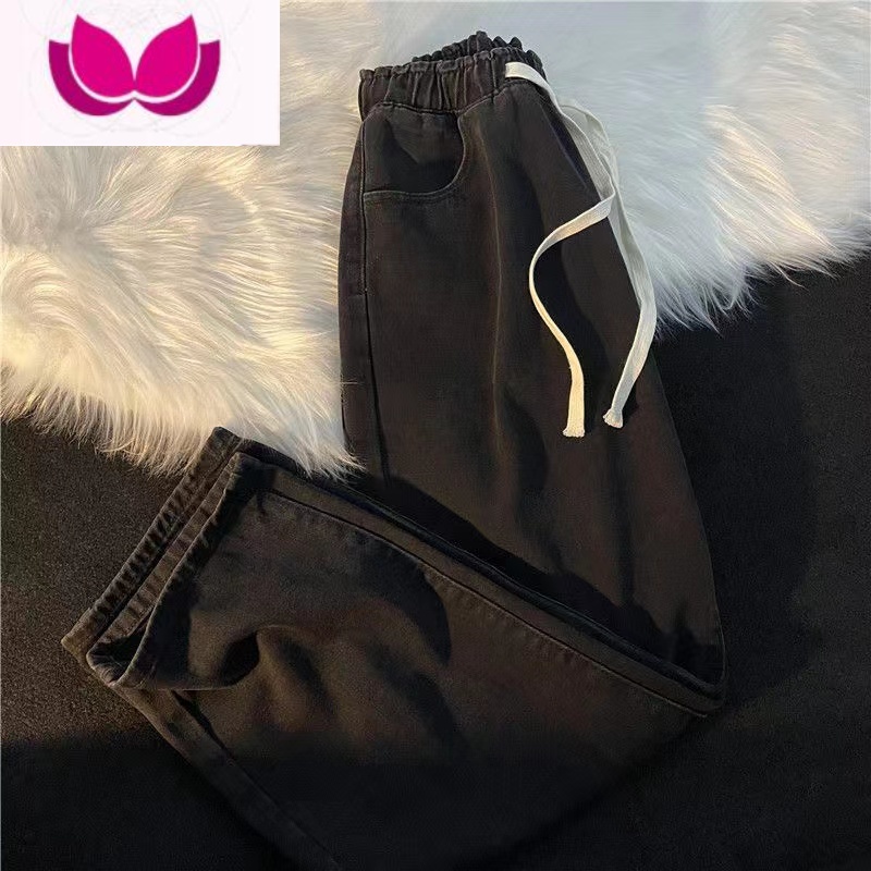 七斓复古蓝松紧腰牛仔裤男宽松直筒九分裤休闲潮牌浅色百搭阔腿裤