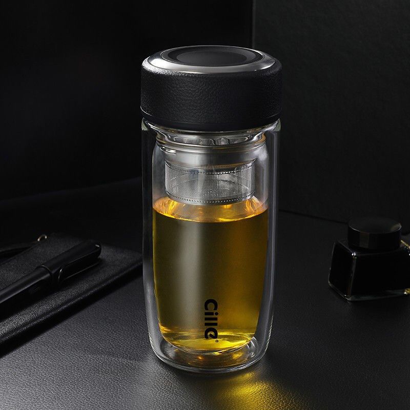 希乐双层玻璃杯加厚茶水分离泡茶杯男车载水杯便携商务高档水杯子黑色