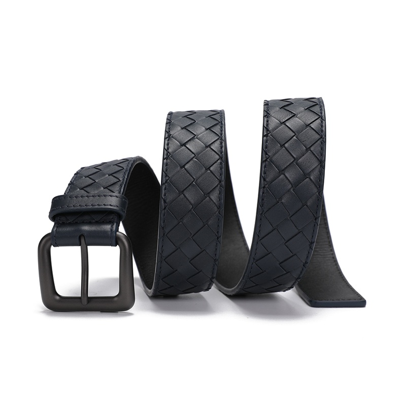 BOTTEGA VENETA 宝缇嘉 BV 男士编织牛皮针扣皮带腰带 深蓝色95