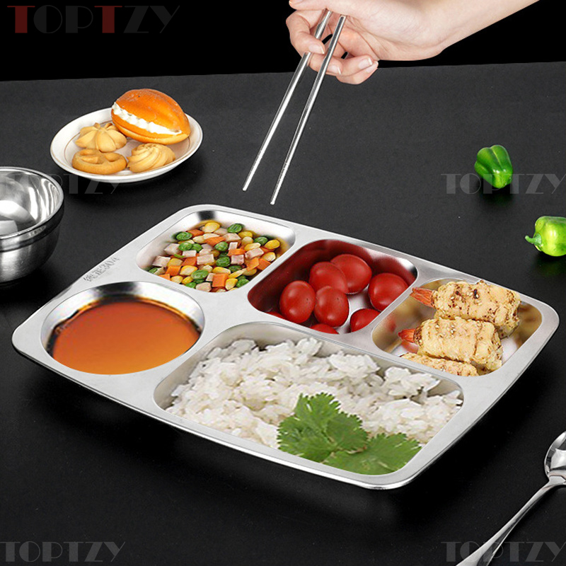 toptzy TZ5071742 304不锈钢餐盘学校食堂大圆五格饭盘快餐盘 360*270*24高清大图