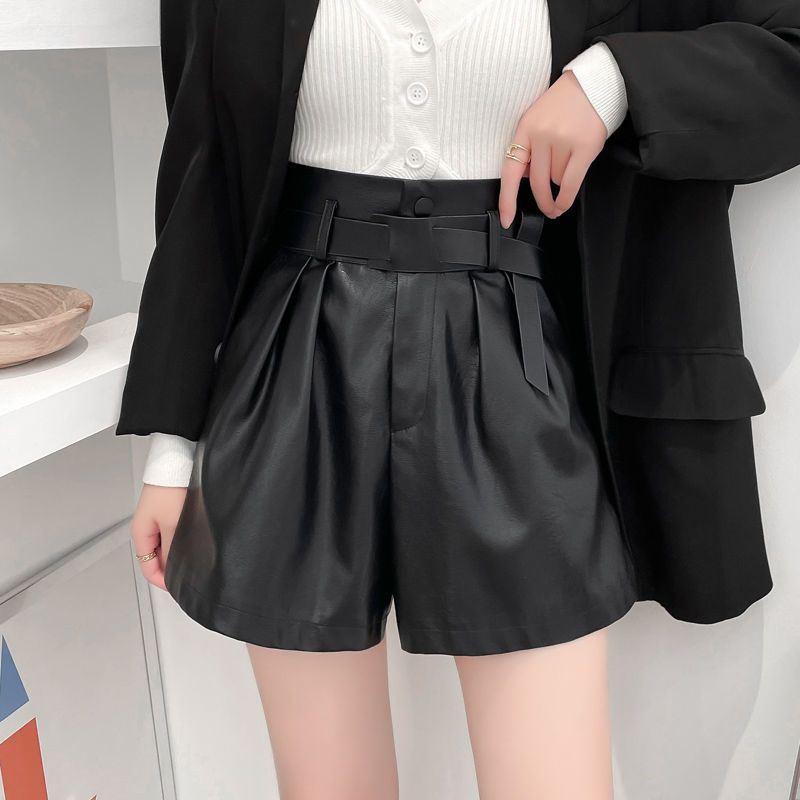 网红pu皮短裤女冬款2021年新款高腰a字靴裤潮宽松休闲阔腿裤子