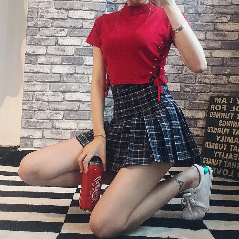 防走光短裙高腰半身裙女a字显瘦学生裙夏季新款学院风格子百褶裙