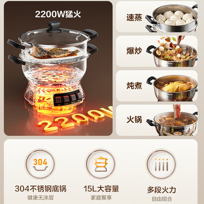 苏泊尔(SUPOR)不锈钢电蒸锅 家用多功能电煮锅 蒸包子蒸鱼电热锅炖蒸煮一体锅电火锅 15L多用途锅 ZN32YK12高清大图