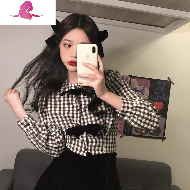 艳如飞法式乖巧女~气质蝴蝶结格子衬衣+丝绒高腰中长款半身裙女衬衫