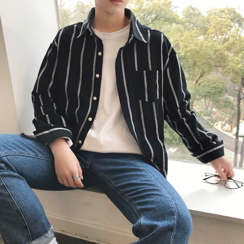 夏季小清新百搭条纹长袖衬衫男士宽松青年外套学生韩版休闲上衣服