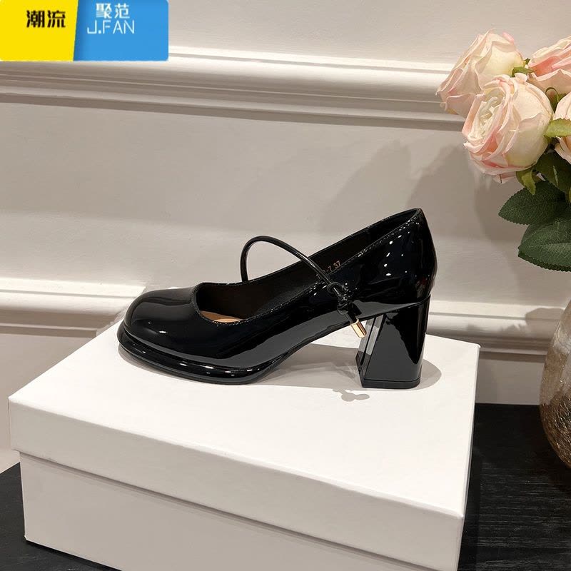 聚范皮版~复古玛丽珍鞋单鞋女2024新款法式粗跟红色高跟鞋婚鞋图片