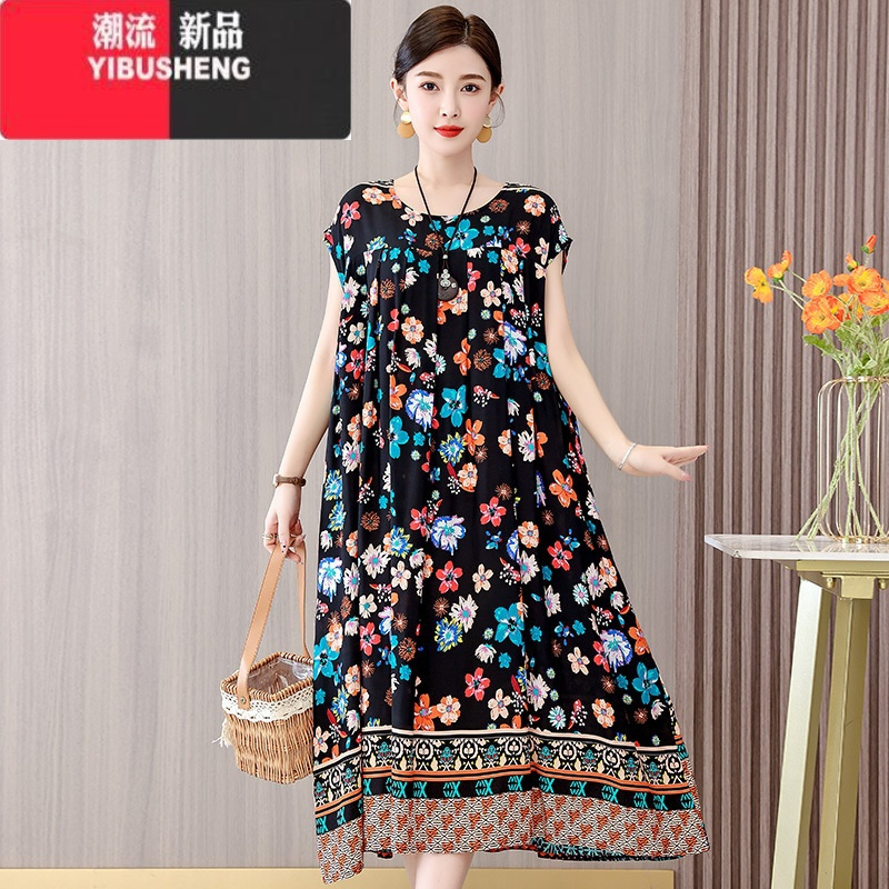 YIBUSHENG妈妈棉绸连衣裙女季时尚宽松加肥加大码中老年垂感显瘦外穿裙子