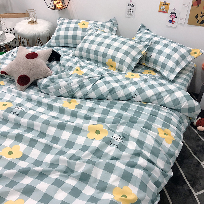 日式小清新格子花卉床单被套1.5四件套学生宿舍单人3件套网红床品
